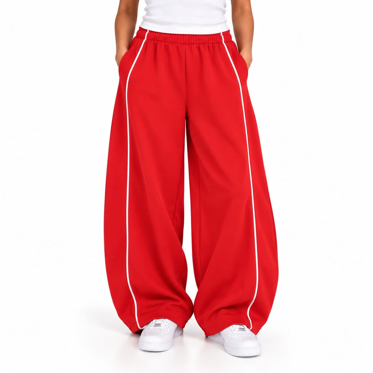 Pantalon Baggy à Passepoils Femme – Rouge