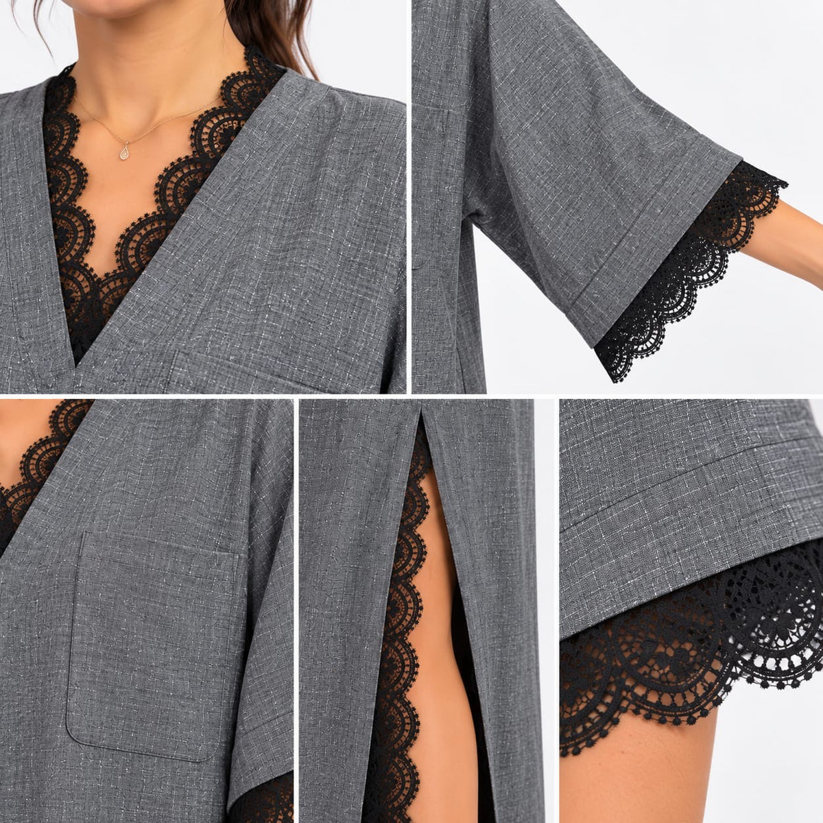 Robe longue « Yasmine » Tissu chiné aspect lin & dentelle noire