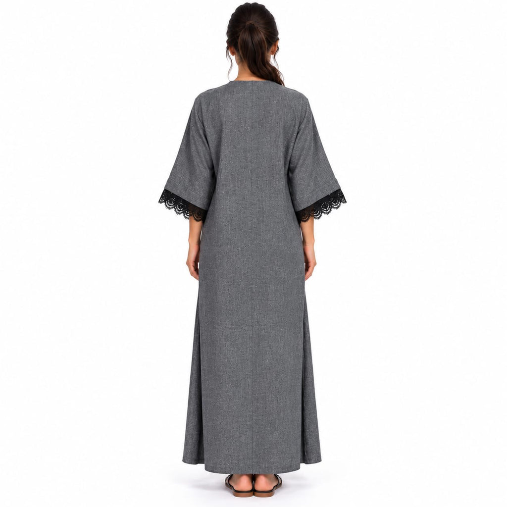 Robe longue « Yasmine » Tissu chiné aspect lin & dentelle noire