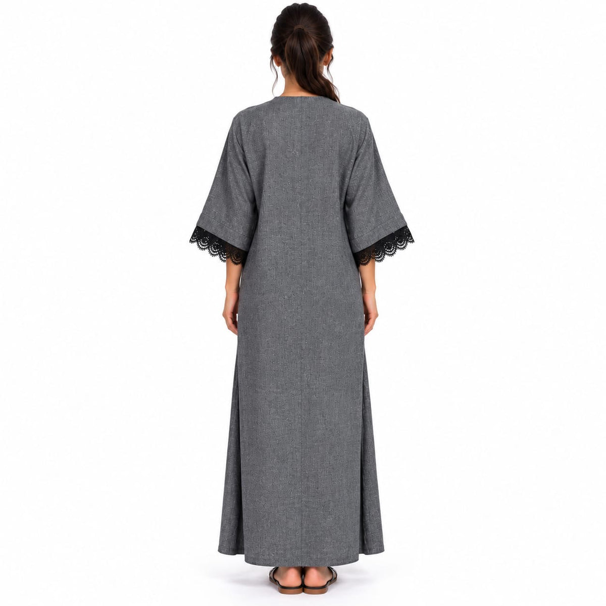 Robe longue « Yasmine » Tissu chiné aspect lin & dentelle noire