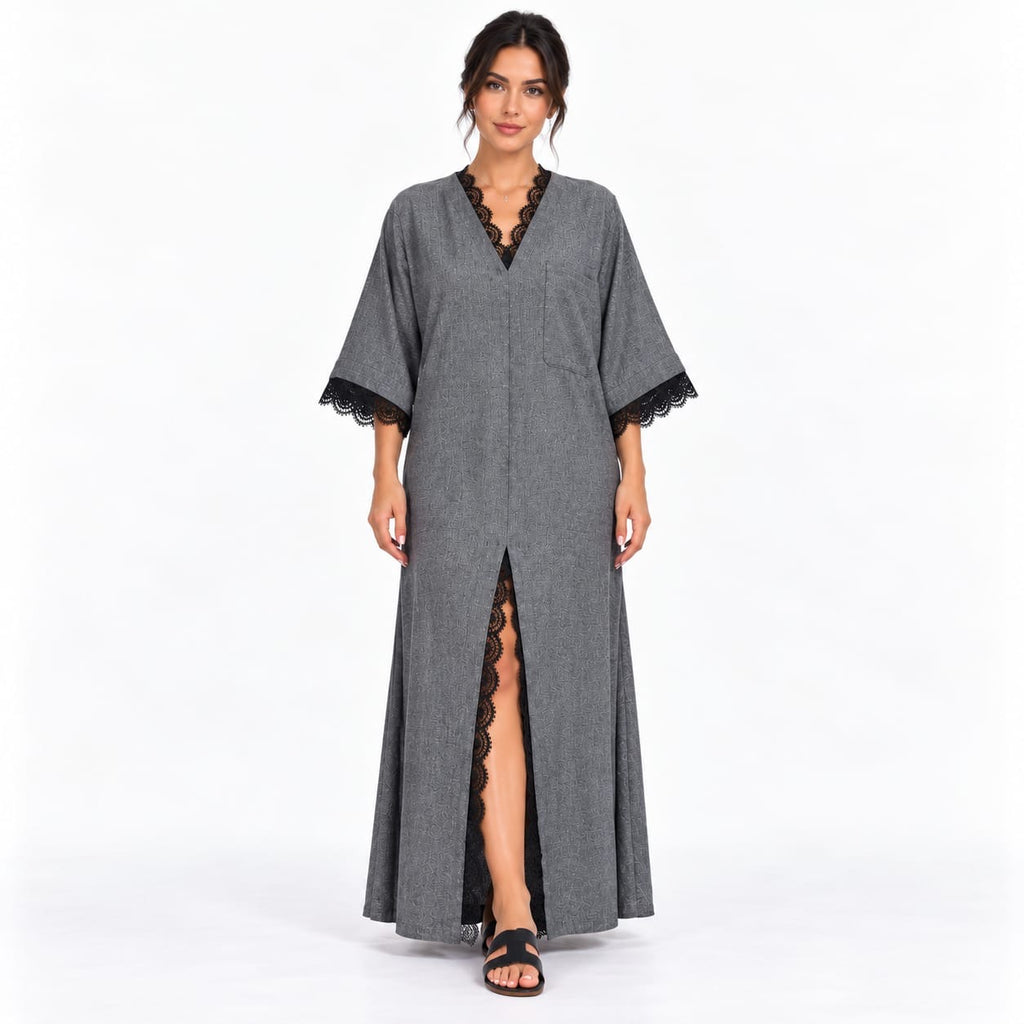 Robe longue « Yasmine » Tissu chiné aspect lin & dentelle noire