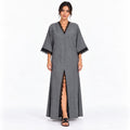Robe longue « Yasmine » Tissu chiné aspect lin & dentelle noire
