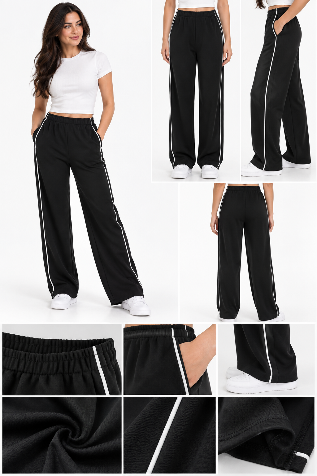 Pantalon Femme Noir à Liserés Blancs