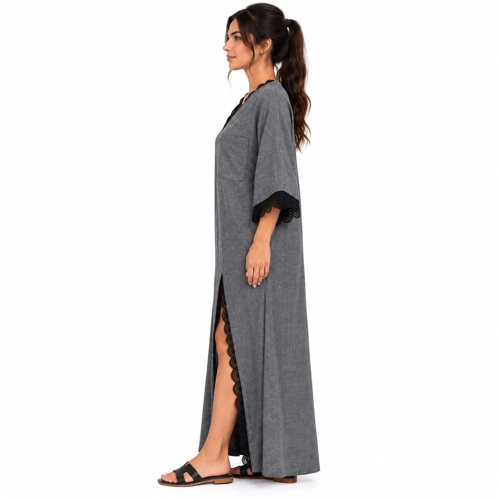 Robe longue « Yasmine » Tissu chiné aspect lin & dentelle noire