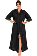 Robe longue « Yasmine » Tissu texturé aspect lin noir & dentelle ajourée