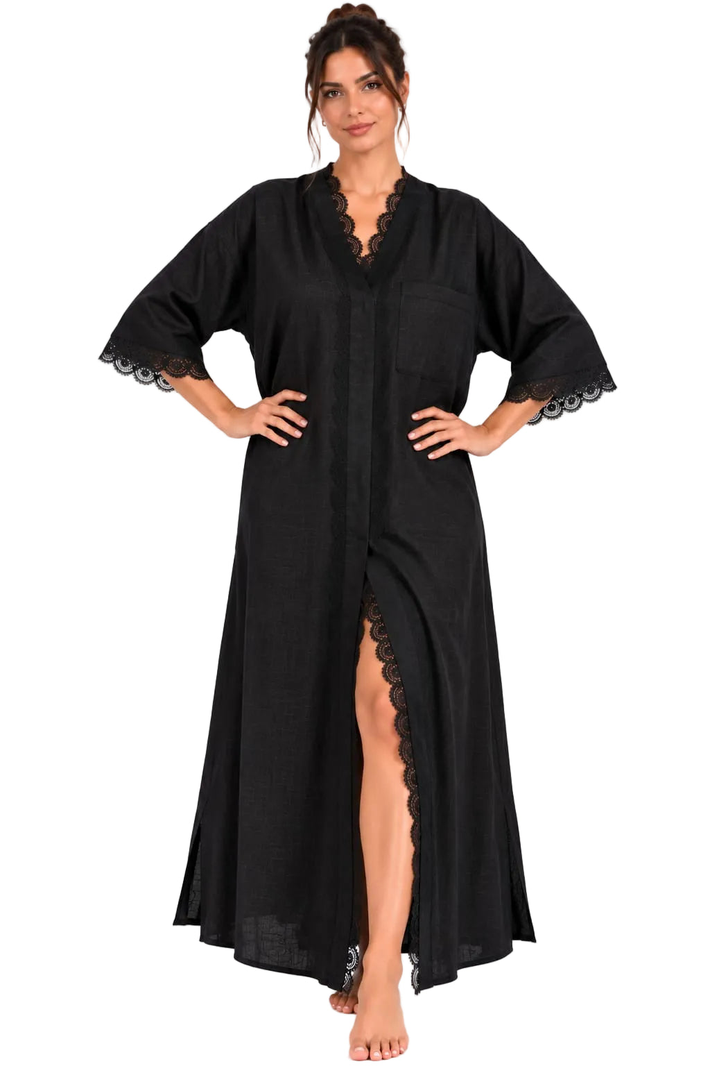 Robe longue « Yasmine » Tissu texturé aspect lin noir & dentelle ajourée