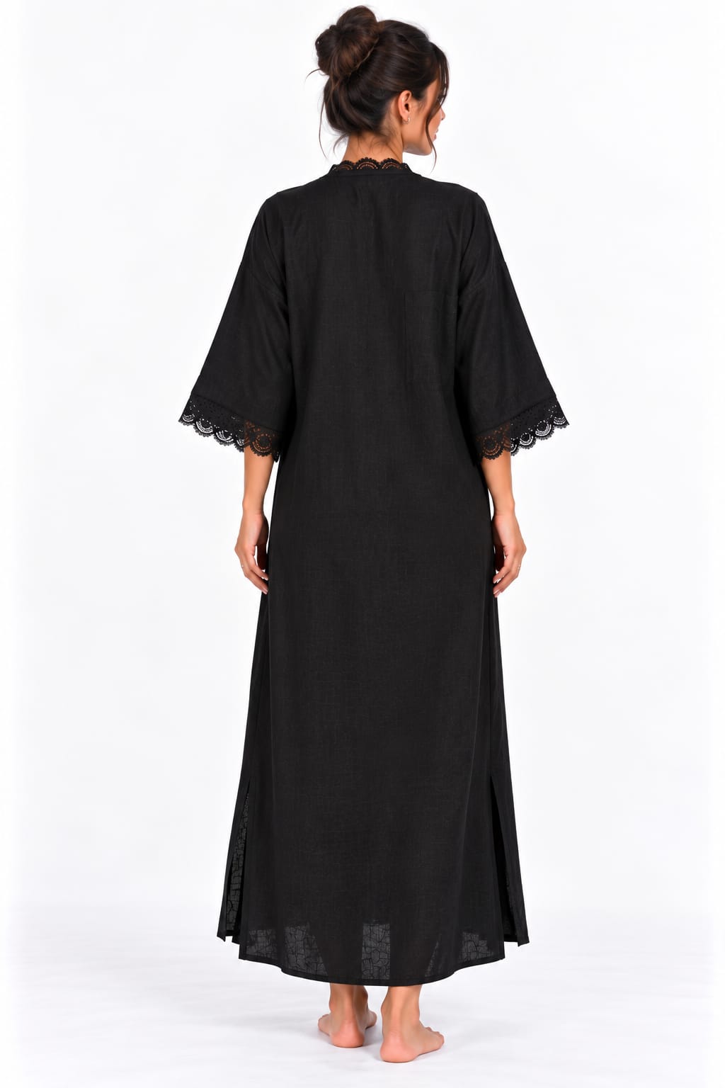 Robe longue « Yasmine » Tissu texturé aspect lin noir & dentelle ajourée
