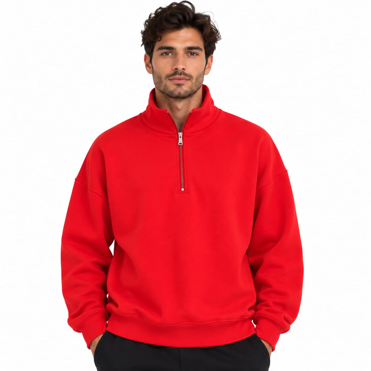 Sweat Demi-Zip Oversize Homme – Rouge