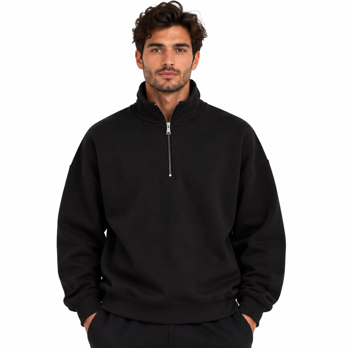 Sweat Demi-Zip Oversize Homme – Noir